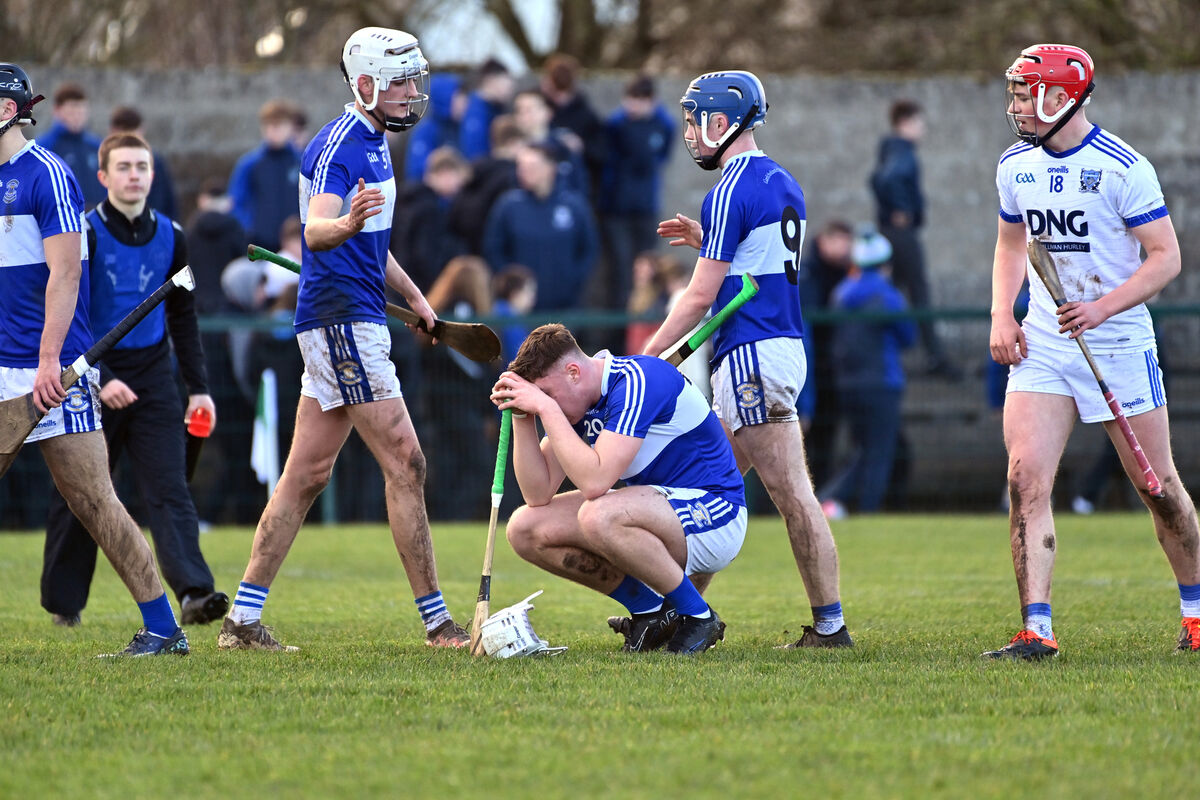 Gaelcholaiste Mhuire AG players Seán Ó Dálaigh, Dónal Ó Sccannláin and Séamas Mac Seoin after their defeat to St Flannans, Ennis in the TUS Dr Harty Cup (U19 A Hurling) semi-final at Kilmallock, Co Limerick. Picture Dan Linehan Gaelcholaiste Mhuire AG players Seán Ó Dálaigh, Dónal Ó Sccannláin and Séamas Mac Seoin after their defeat to St Flannans, Ennis in the TUS Dr Harty Cup (U19 A Hurling) semi-final at Kilmallock, Co Limerick. Picture Dan Linehan