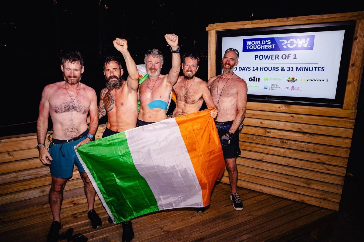 Irish crew, Team Power of 1 — Conor McCarthy, Enda McNicholson, Daragh Kelly, Roger McMorrow, and John O'Driscoll — were the third team over the line in Antigua to complete the gruelling 5,000km transatlantic row. Picture: World’s Toughest Row