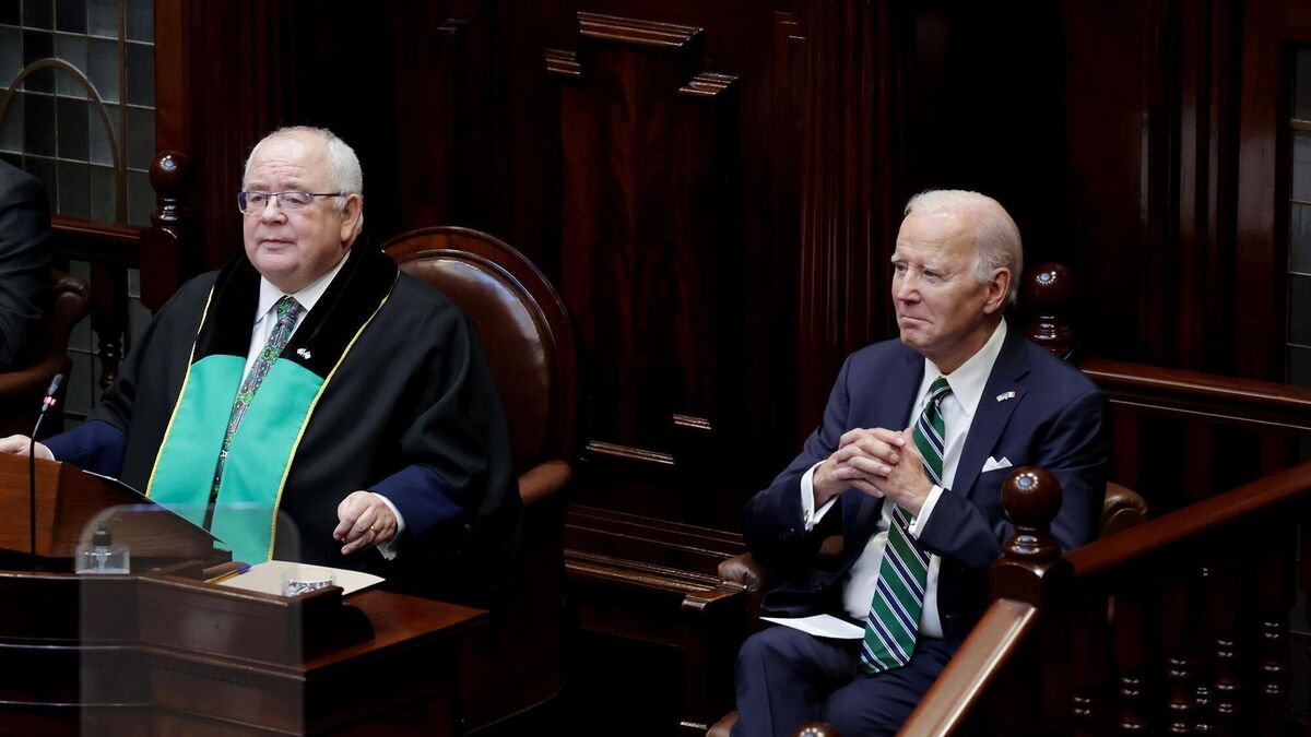 Former Ceann Comhairle Seán Ó Fearghaíl alongside Joe Biden when the US President visited Leinster House in 2023. Picture: Maxwells Former Ceann Comhairle Seán Ó Fearghaíl alongside Joe Biden when the US President visited Leinster House in 2023. Picture: Maxwells