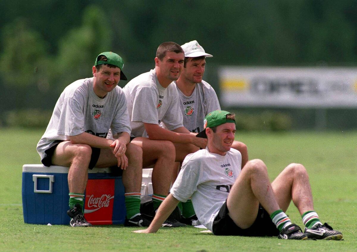 1994: Republic of Ireland players, from left, Denis Irwin, Roy Keane, Ray Houghton and John Sheridan during a training session ahead of their FIFA World Cup 1994 Round of 16 match against Netherlands. Pic: David Maher/Sportsfile