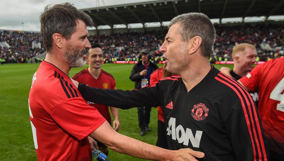 2018: Roy Keane, left, and Denis Irwin of Manchester United Legends following the Liam Miller Memorial match between Manchester United Legends and Republic of Ireland and Celtic Legends at Páirc Uí Chaoimh. Pic: Stephen McCarthy/Sportsfile