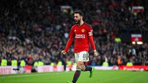 <p>WINNER: Bruno Fernandes scores a late winner for Manchester United over Ranger in the Europa League. Picture: Michael Regan/Getty Images</p>