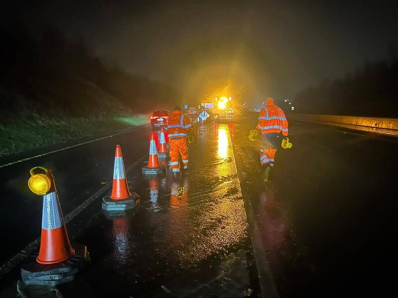 Crews from Lagan Operations and Maintenance Ltd, which maintains the M8 motorway, implement emergency closure of the Blackwater viaduct on the M8 near Fermoy, Co Cork, overnight as Storm Éowyn hits.