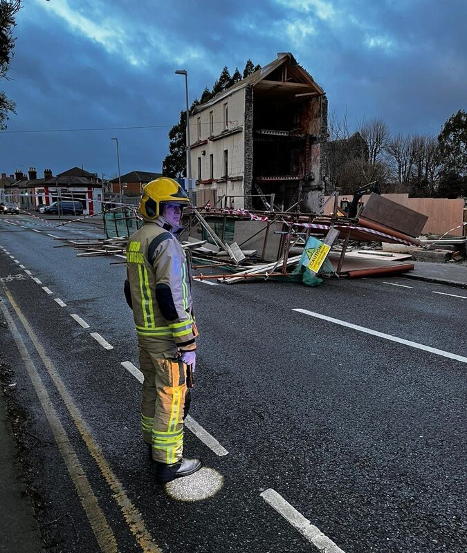 Collapsed scaffolding blocking Harold's Cross Road in Dublin. Picture: Dublin Fire Brigade/PA Wire