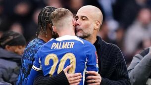 <p>Manchester City manager Pep Guardiola embraces Chelsea's Cole Palmer, The two will clash again on Saturday evening. Pic: Zac Goodwin/PA Wire.</p>