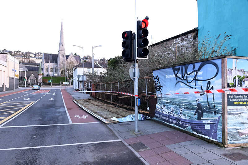  Site hoarding collapsed onto the footpath at Brian Boru Street in Cork City following strongs winds and gusts overnight during Storm Éowyn. Picture: Larry Cummins