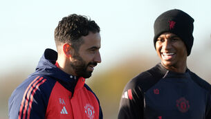 Ruben Amorim, left, has offered no reassurances over Marcus Rashford’s future at Manchester United (Martin Rickett/PA)