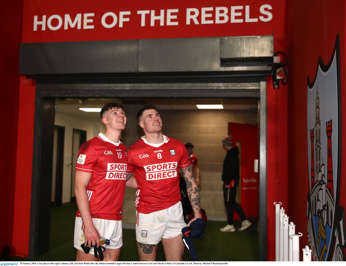 Cork players Darragh Cashman, left, and Sean Walsh after the Allianz Football League Division 2 match between Cork and Meath at Páirc Ui Chaoimh in Cork. Photo by Michael P Ryan/Sportsfile