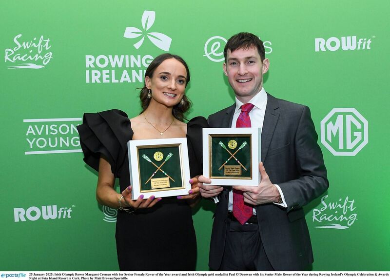 Irish Olympian Margaret Cremen with her Senior Female Rower of the Year award and Olympic gold medallist Paul O'Donovan with his Senior Male Rower of the Year award.