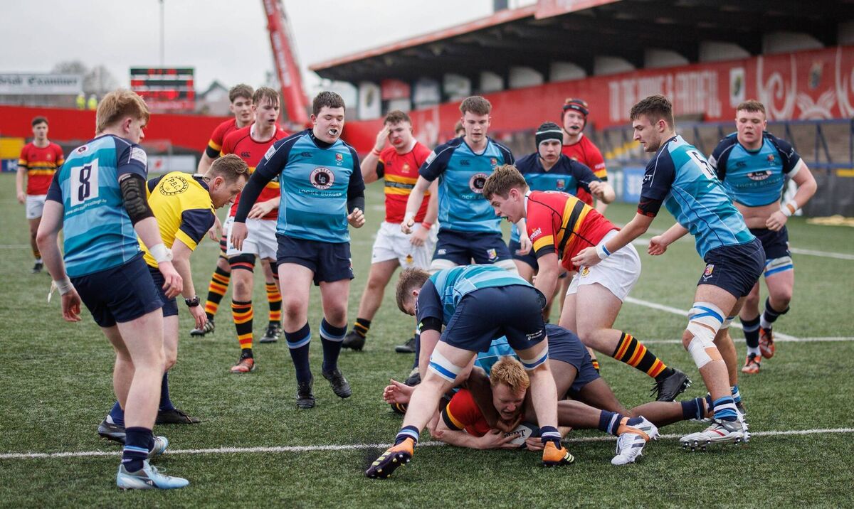 HAT-TRICK HERO: CBC’s Darragh Prenter scores his side’s first try just two minutes into the win against Castletory College. Pic: James Crombie, Inpho