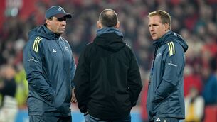 <p>Munster attack coach Mike Prendergast, on the right, had thrown his hat into the ring to become the province's next head coach. Pic: Brendan Moran, Sportsfile</p>