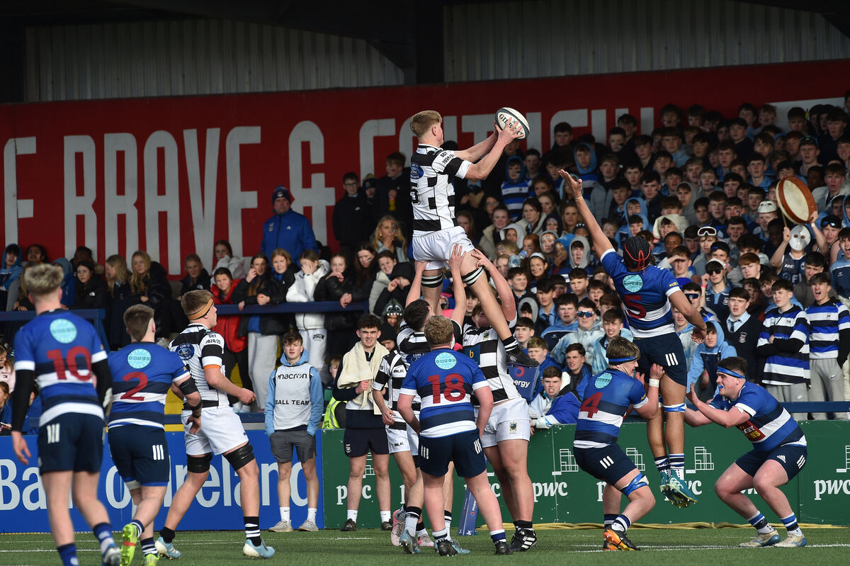  Sean McFarlane, PBC winning this lineout ball from his opposite number Jayden Carmody, Crescent College Comprehensive. Pic: Dan Linehan.