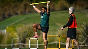<p>Bundee Aki with head of athletic performance Aled Walters during an Ireland Rugby squad training session at The Campus in Quinto da Lago, Portugal. Photo by Brendan Moran/Sportsfile</p>