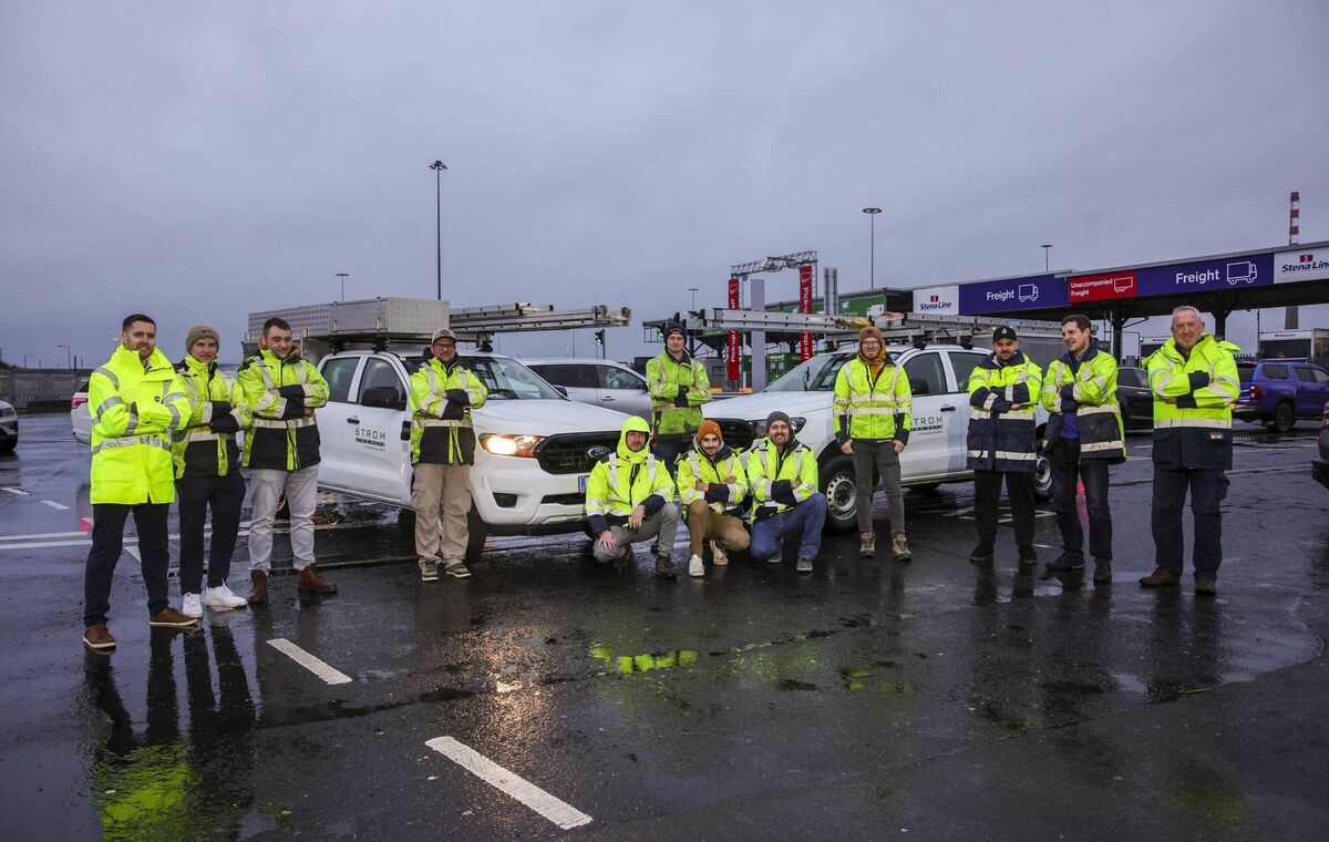 This team of personnel from Austria who arrived in Dublin Port today, Tuesday, will help ESB Networks restore power in areas worst hit by Storm Éowyn. Teams from France and the Netherlands are due to arrive in the coming days. Picture: Chris Bellew/Fennells 
