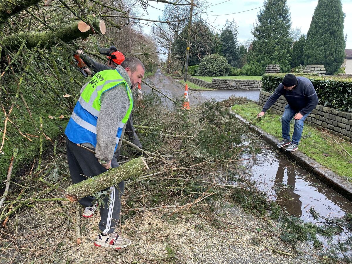 Local residents removing trees which had been blocking the the Eglantine Road near Lisburn following Storm Eowyn. Picture: Jonathan McCambridge/PA Wire