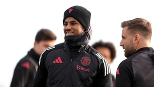 <p>Marcus Rashford and Luke Shaw during a Manchester United training session on Wednesday morning (Martin Rickett/PA)</p>