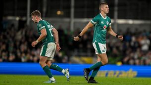 <p>Sam Prendergast of Ireland, right, comes on as a substitute for teammate Jack Crowley during the Autumn Nations Series match between Ireland and Argentina. Pic: Brendan Moran/Sportsfile</p>