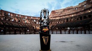 <p>A view of the Guinness Six Nations trophy at the launch of the 2025 tournament at the Colosseum in Rome. Pic: INPHO/Billy Stickland</p>