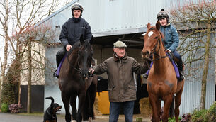 <p>STAR QUALITY: Willie Mullins with Galopin Des Champs and Paul Townend, left, and State Man and Jody Townend at a press morning to promote this weekend’s Dublin Racing Festival. Both horses will be looking to enhance their impressive CVs at Leopardstown this weekend. Picture: Healy Racing</p>