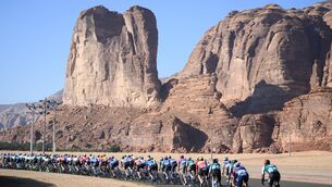 <p>GOODBYE EUROSPORT: The pack of riders cycles during the fourth stage of the AlUla Tour cycling race, from Maraya to skyviews of Hattat Uwayrid, on January 31, 2025. Pic by Loic VENANCE / AFP and LOIC VENANCE/AFP via Getty Images.</p>
