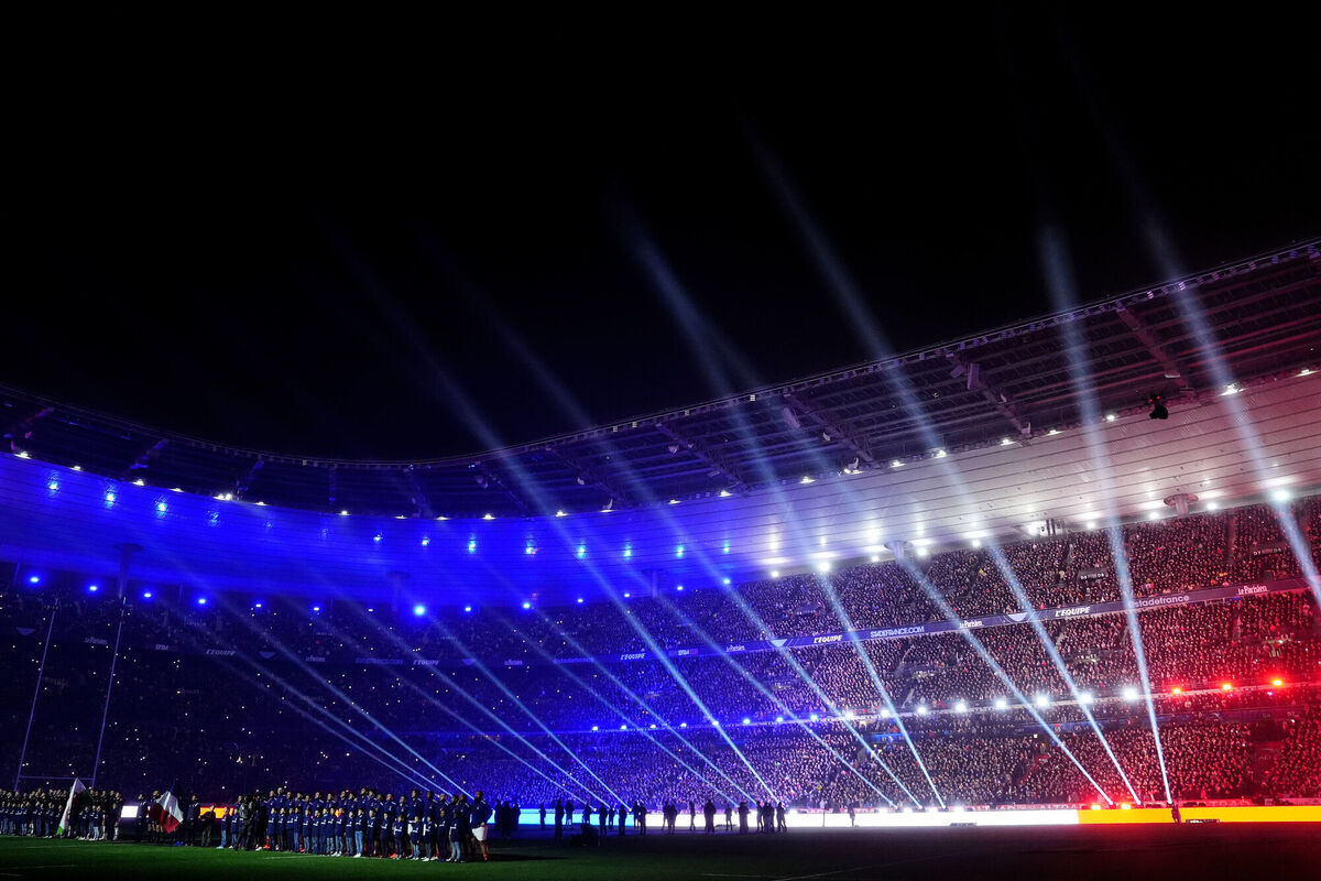 A general view of a light show as France and Wales players line up ahead of the Guinness Men's Six Nations match at the Stade de France. Pic: Adam Davy/PA Wire.