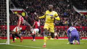 <p>BRACE: Crystal Palace's Jean-Philippe Mateta celebrates after scoring his side's second goal at Old Trafford. Pic: AP Photo/Dave Thompson</p>