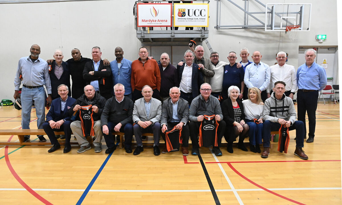 Team members from the 1980's at the 40th anniversary celebrations Team Britvic/Blue Demons during the Men's Super League between UCC Demons and Irish Guide Dogs Ballincollig @MTU at the Mardyke Arena. Picture: Eddie O'Hare