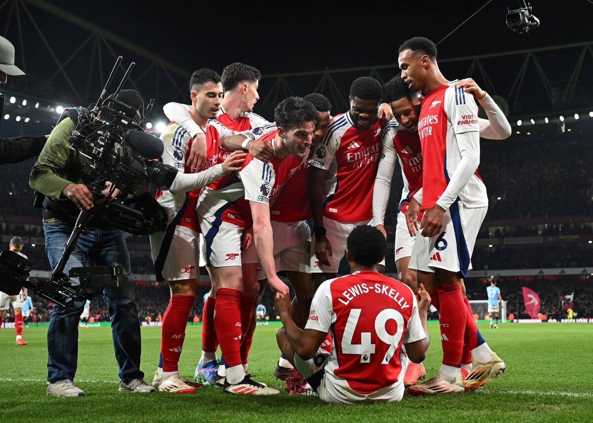 LOCAL HERO: Hale End product Myles Lewis-Skelly celebrates his first Premier League goal for Arsenal. Pic: Stuart MacFarlane/Getty Images