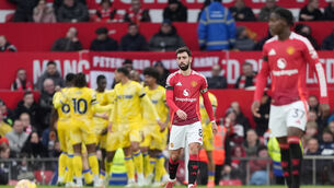 <p>Bruno Fernandes endured another tough day at Old Trafford. Picture: Martin Rickett/PA</p>