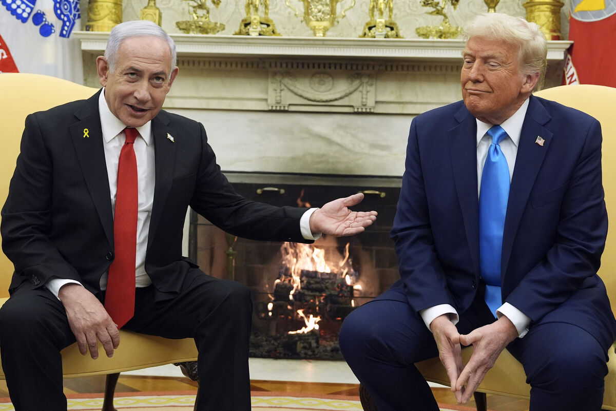 US president Donald Trump with Israel's prime minister Benjamin Netanyahu in the Oval Office of the White House on Tuesday. Picture: AP /Evan Vucci