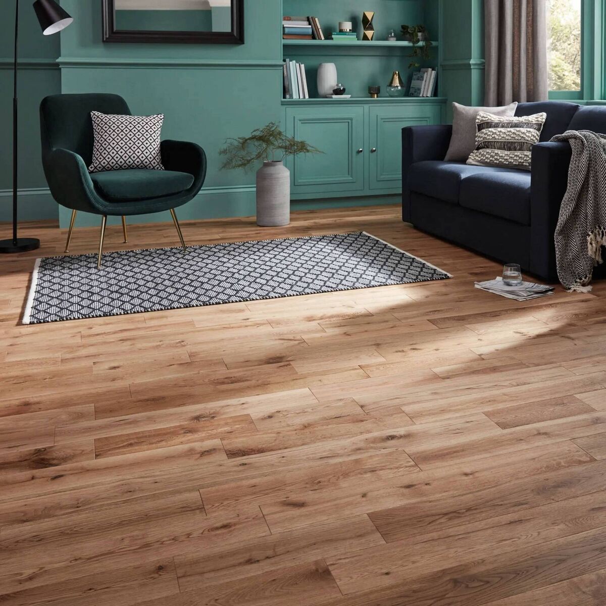 Keeping it simple, this relatively narrow 120mm plank is perfect for this relaxed space. Laholm solid oak, €80 per metre, B&amp;Q.