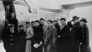 <p>Few players and staff members of the Manchester United football team, and sport journalists prepare to board, in February 1958 in Manchester, the BEA Elizabethan plane, which will crash in a blizzard on Munich airport 06 February 1958. The aircraft stopped at the snowbound German airport to refuel and crashed on its third attempt to take off, as the Manchester "Busby Babes" team returned from Belgrade after beating Red Star Belgrade in the European Cup. Twenty-one passengers on board the aircraft lost their lives, including eight players of the team. From L to R : journalist Don Davies, Jack Blanchflower, William Foulkes, club secretary Walter Crickmer, Roger Byrne, Duncan Edwards, Albert Scanlon, journalist Frank Swift, Ray Wood, Dennis Viollet, Daily Mirror journalist Archie Ledbrooke, Geoff Bent, Mark Jones, journalist Alf Clarke. Pic: OFF/AFP via Getty Images</p>