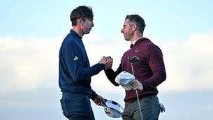 <p>NO REGRETS: Rory McIlroy and Tom McKibbin of Northern Ireland shake hands. Photo by Sam Barnes/Sportsfile</p>