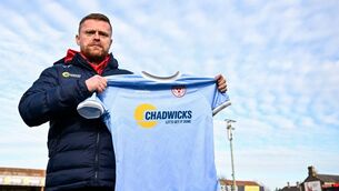 <p>Manager Damien Duff poses for a portrait during the Shelbourne FC Away Jersey 2025 launch media event at Tolka Park in Dublin. Photo by Ben McShane/Sportsfile</p>