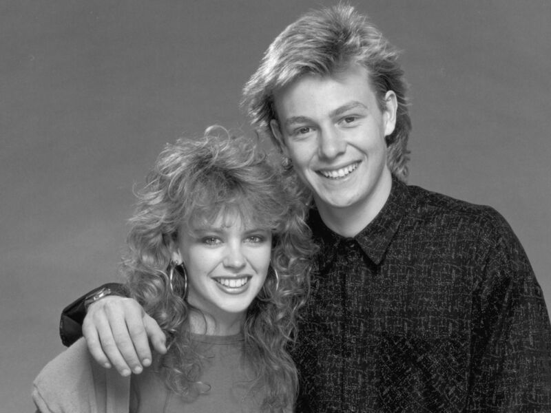 Actress and singer Kylie Minogue with her co-star in the Australian soap-opera 'Neighbours', Jason Donovan, circa 1987.