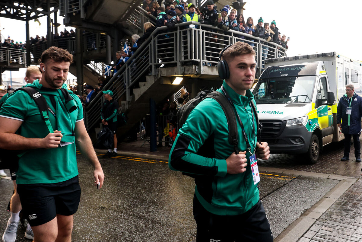Ireland's Caelan Doris and Jack Crowley before the game. Pic: ©INPHO/Billy Stickland
