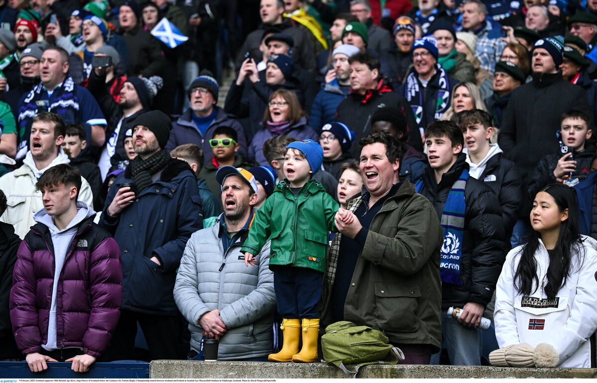 Scotland supporter Milo Ryland, age three, sings Flower of Scotland . Photo by David Fitzgerald/Sportsfile