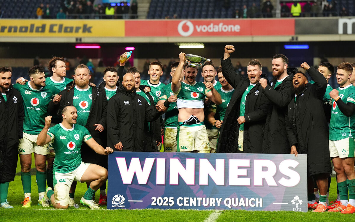 Ireland players pose with The Centenary Quaich after the Guinness Men's Six Nations match at Scottish Gas Murrayfield Stadium. Pic: Jane Barlow/PA Wire