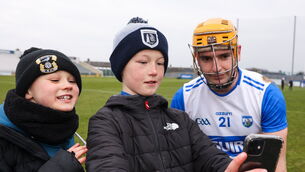 <p>Dessie Hutchinson of Waterford poses for a picture with supporters after the Allianz Hurling League Division 1B match between Waterford and Laois at Walsh Park in Waterford. Pic: Michael P Ryan/Sportsfile</p>