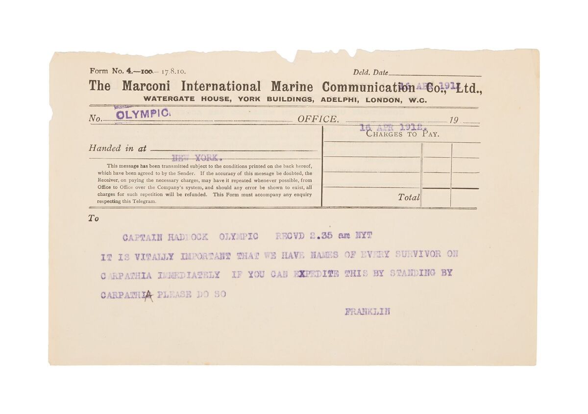  A telegram requesting a list of Titanic survivors on the Olympic. 