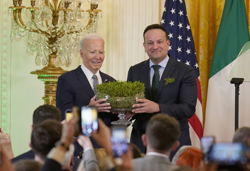 Then US president Joe Biden and then taoiseach Leo Varadkar during last year's St Patrick's Day reception and shamrock ceremony in the White House. Picture: Niall Carson/PA
