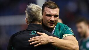<p>Tadhg Beirne of Ireland celebrates with interim head coach Simon Easterby after victory against Scotland</p>