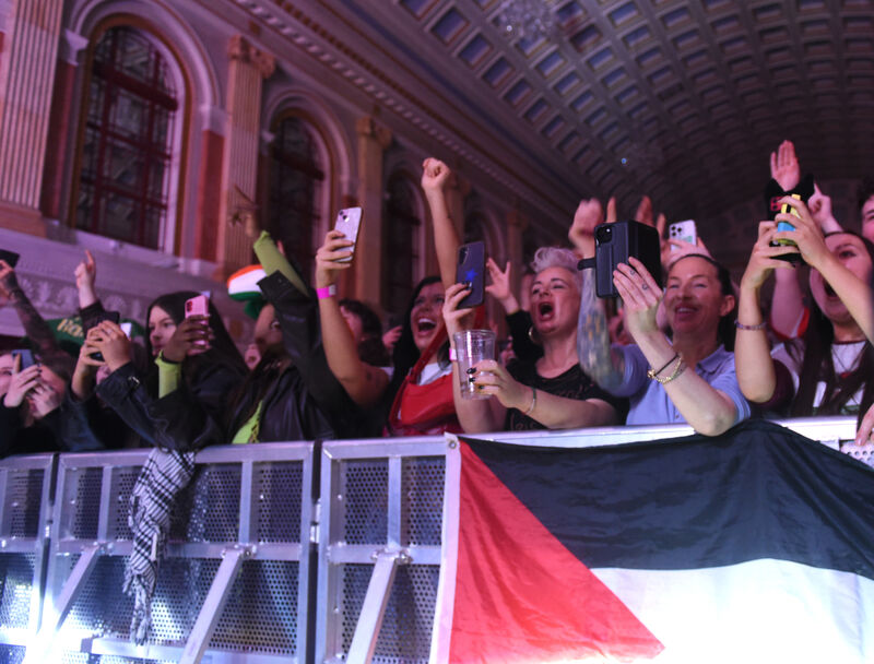  Members of the crowd at Cork City Hall fly the flag for Palestine. 