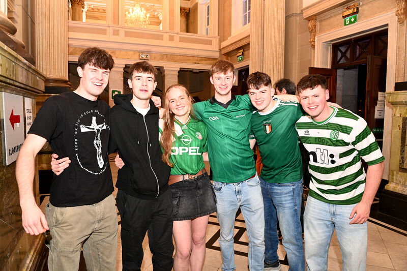  UCC students Páidi MacGearailt, Máirtin O’Corráin, Keelin Ni Laoire, Jacob O’Riordáin, Lucas O’Raghallaigh, and Muiris O’Clochartaigh attending Kneecap at City Hall, Cork. Pictures: Larry Cummins