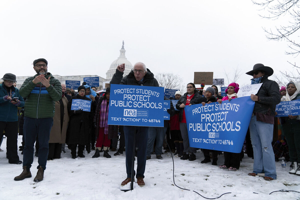 Sen. Bernie Sanders, I-Vt., speaks during a rally against the policies of President Donald Trump and Elon Musk at the U.S. Capitol in Washington, Wednesday, Feb. 12, 2025. (AP Photo/Jose Luis Magana)