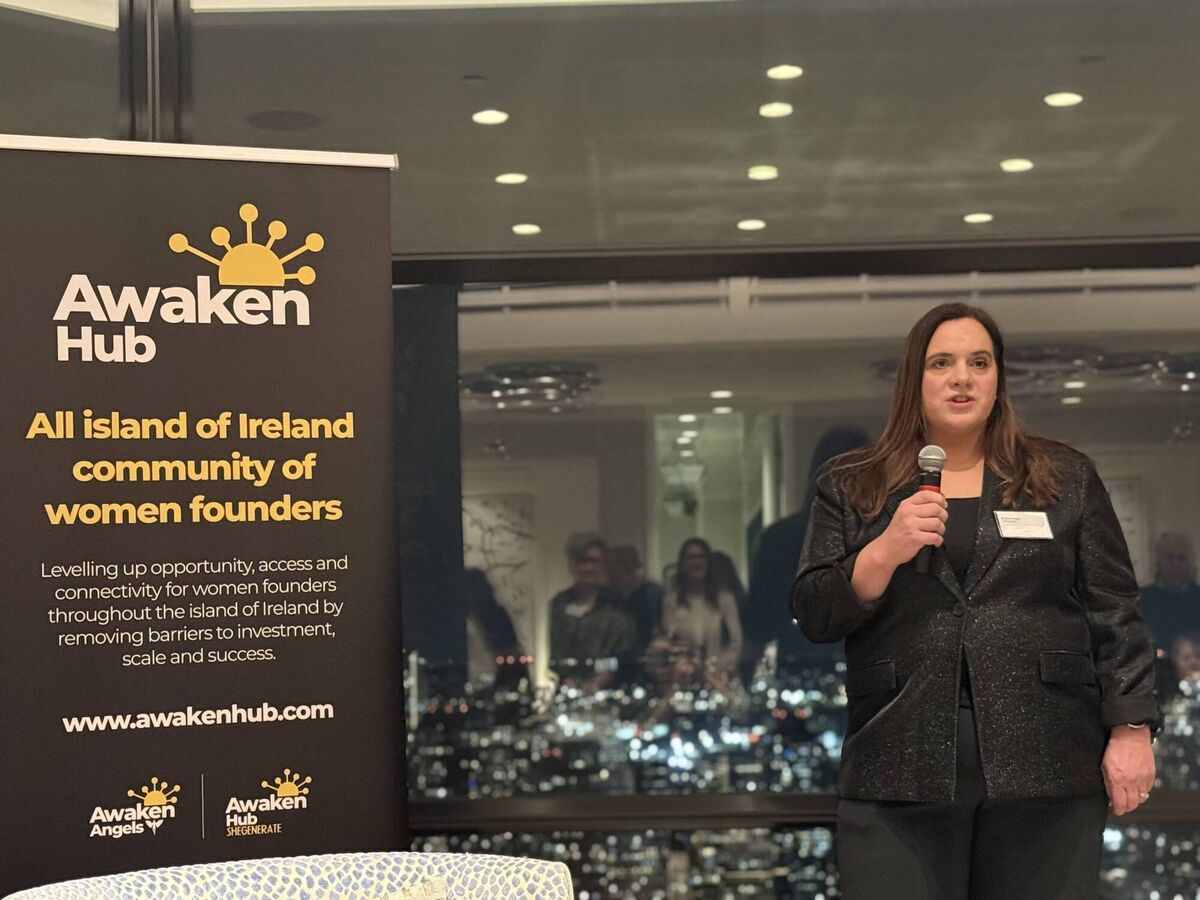 Breda O’Regan, CEO of Lia Eyecare, during her pitch to investors in the residence of the British Consul General as part of the St Brigid's Day trade mission to the USA, led by by AwakenHub, Ireland’s only all-island community for women founders, and AwakenAngels, the first women-led all-island investment community. 