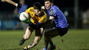 <p>CLOSE QUARTERS: DCU's Tom Prior and Darragh McElearney of UCD. Pic: INPHO/Laszlo Geczo</p>