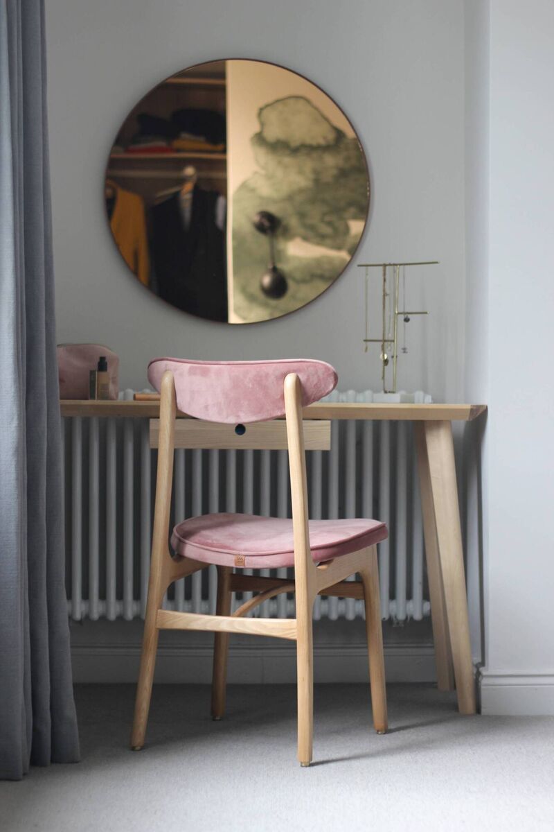 Siobhan uses a calm and soothing palette of soft greys, pinks and green in her bedroom. Siobhan uses a calm and soothing palette of soft greys, pinks and green in her bedroom.