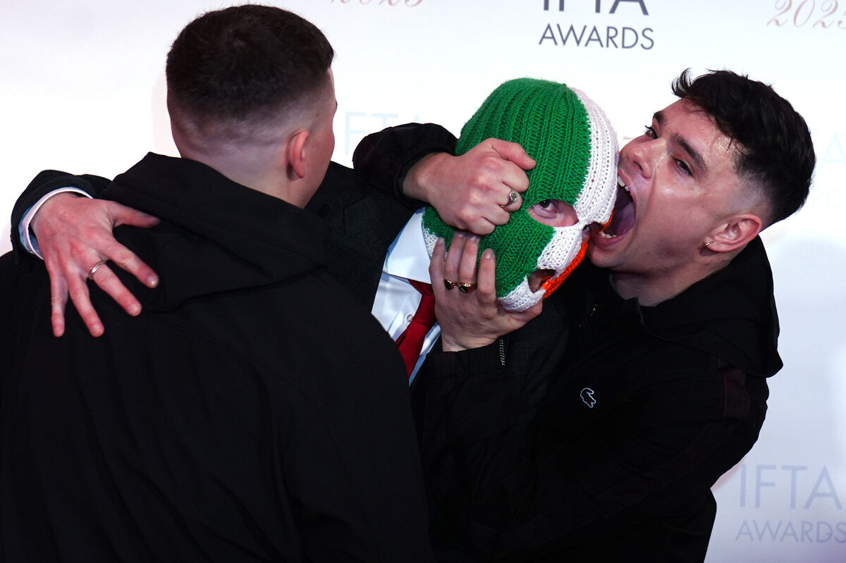 Members of Kneecap, Mo Chara, JJ O'Dochartaigh and Moglai Bap attending the Irish Film and Television Academy (IFTA) Awards Ceremony at the Dublin Royal Convention Centre. Picture date: Friday February 14, 2025. Members of Kneecap, Mo Chara, JJ O'Dochartaigh and Moglai Bap attending the Irish Film and Television Academy (IFTA) Awards Ceremony at the Dublin Royal Convention Centre. Picture date: Friday February 14, 2025.