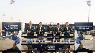 <p>WINNING TEAM: The Irish team of Trevor Breen, Jason Foley, Team Manager Michael Blake, Mikey Pender and Denis Lynch, who won in Abu Dhabi. Picture: Horse Sport Ireland </p>